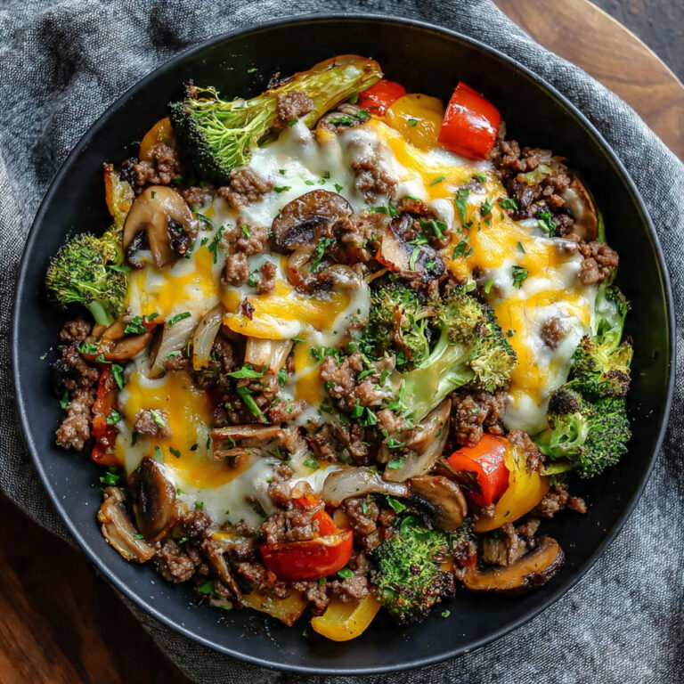 Cheesy Beef Skillet with Roasted Veggies in Cast Iron