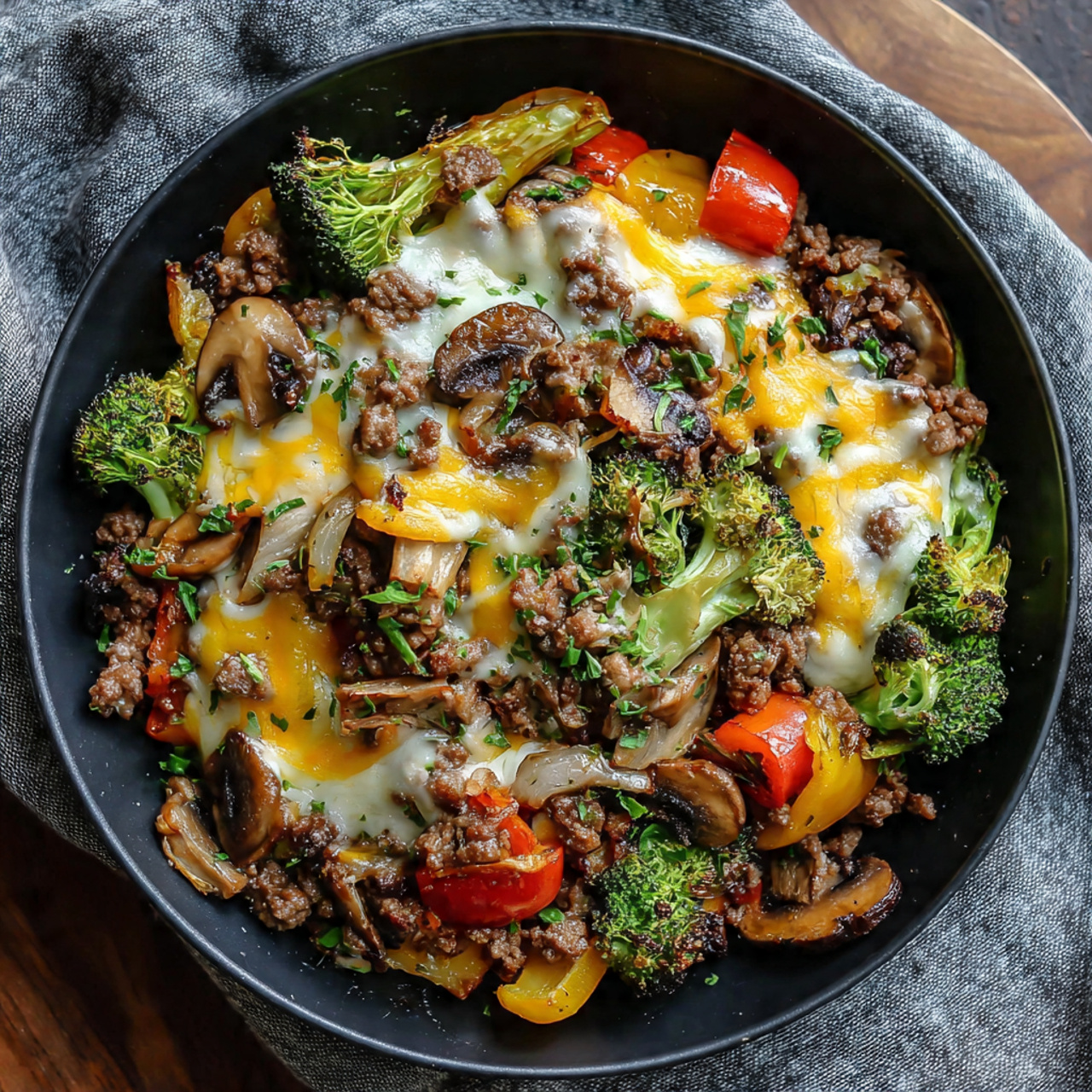 Cheesy Beef Skillet with Roasted Veggies in Cast Iron