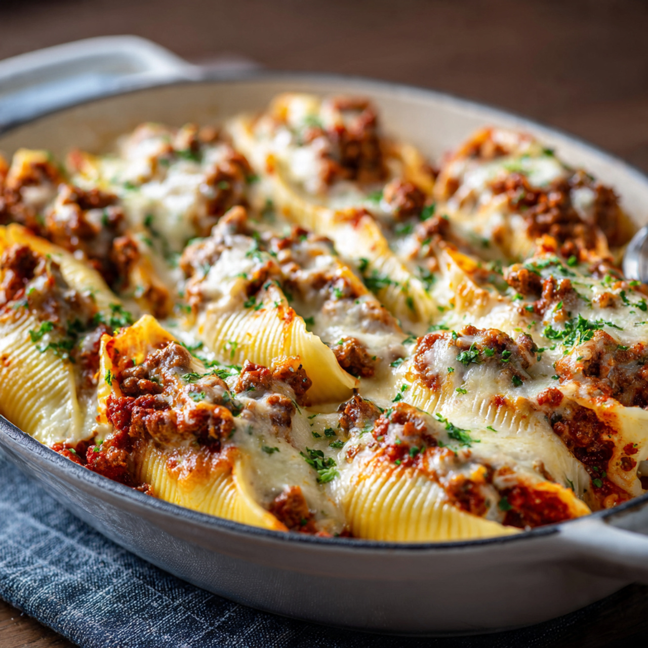 Cheesy Ground Beef Stuffed Shells Pasta Bake in Baking Dish