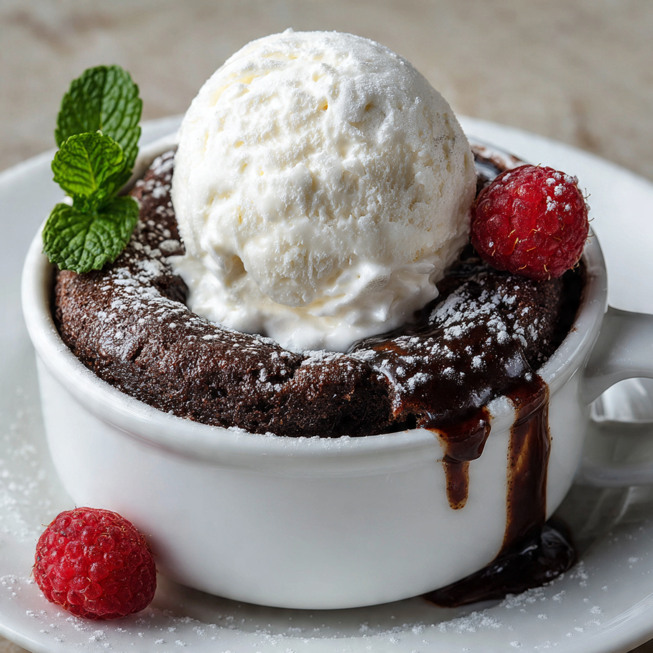 Chocolate Lava Mug Cake with Vanilla Ice Cream