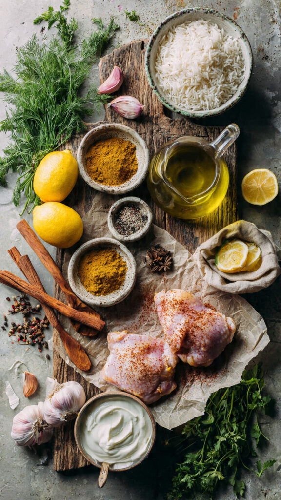 : Chicken Shawarma with Garlic Yogurt Sauce & Rice – Fresh Ingredients Flat Lay