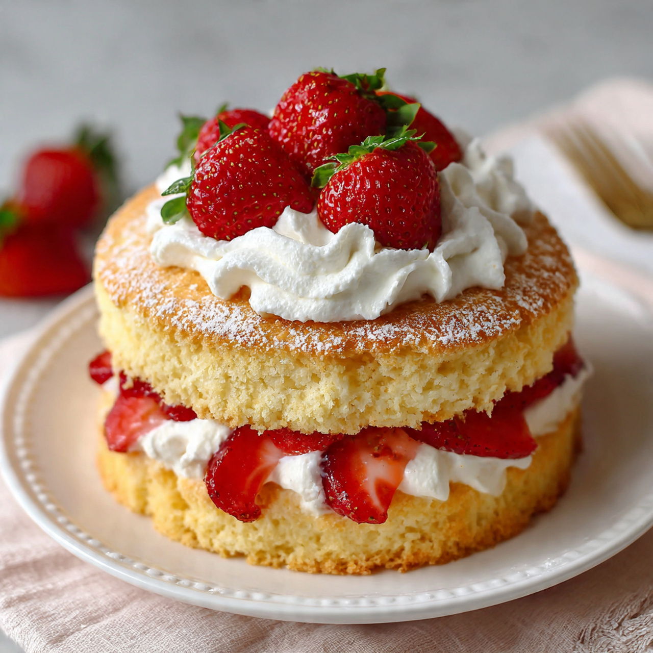 Classic Strawberry Shortcake with Whipped Cream on Wooden Table