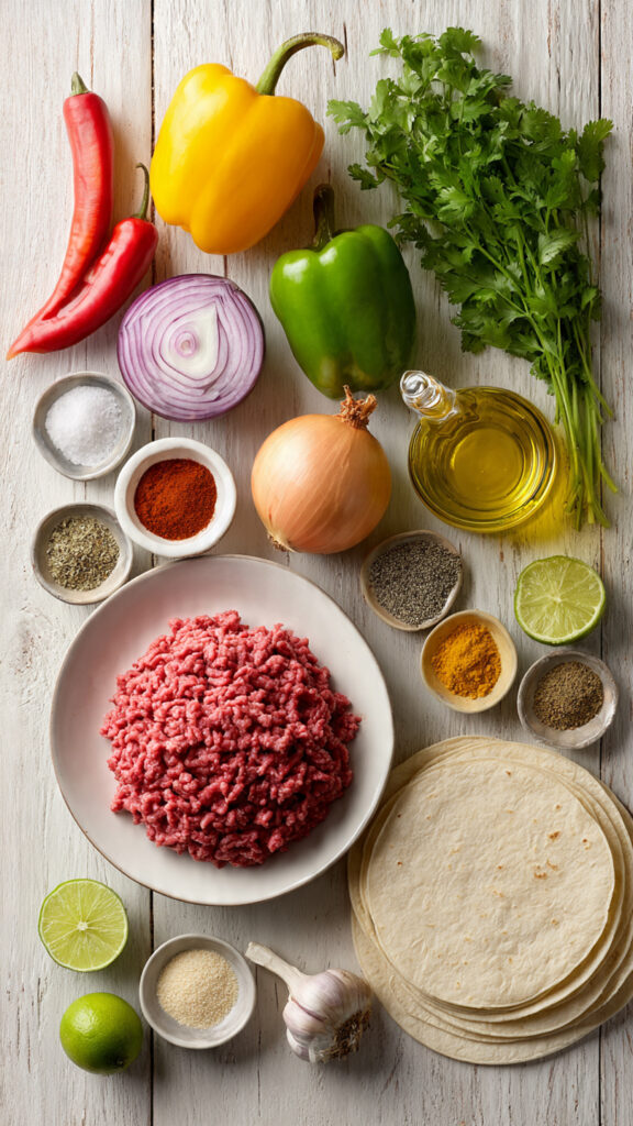 A flat-lay of fresh ingredients for making ground beef fajitas, including beef, bell peppers, onion, limes, spices, and tortillas.