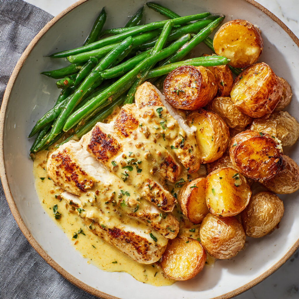 Creamy Dijon Chicken with Roasted Baby Potatoes & Green Beans – Plated Beauty