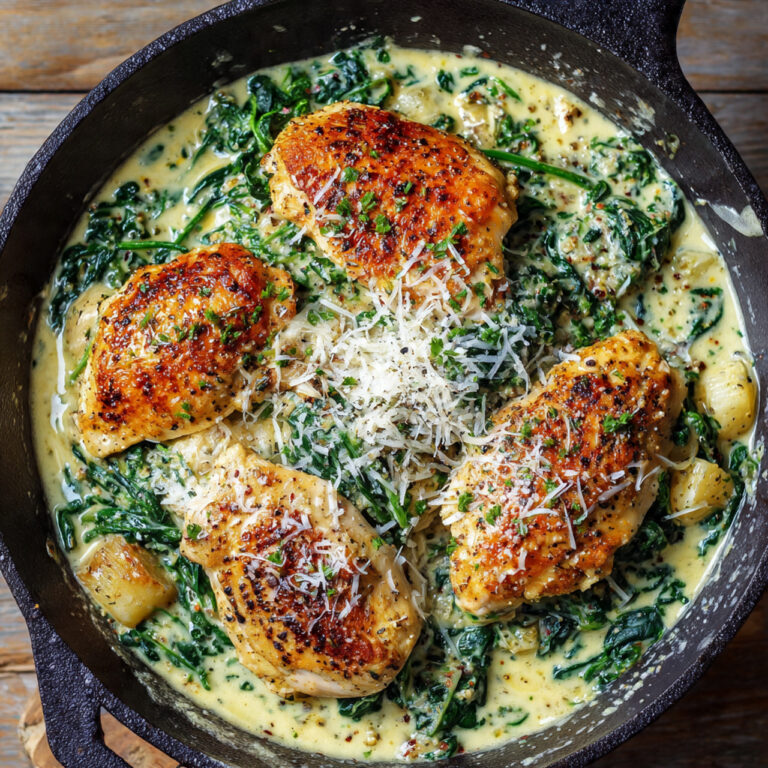 Creamy Garlic Chicken with Spinach & Parmesan in a Skillet