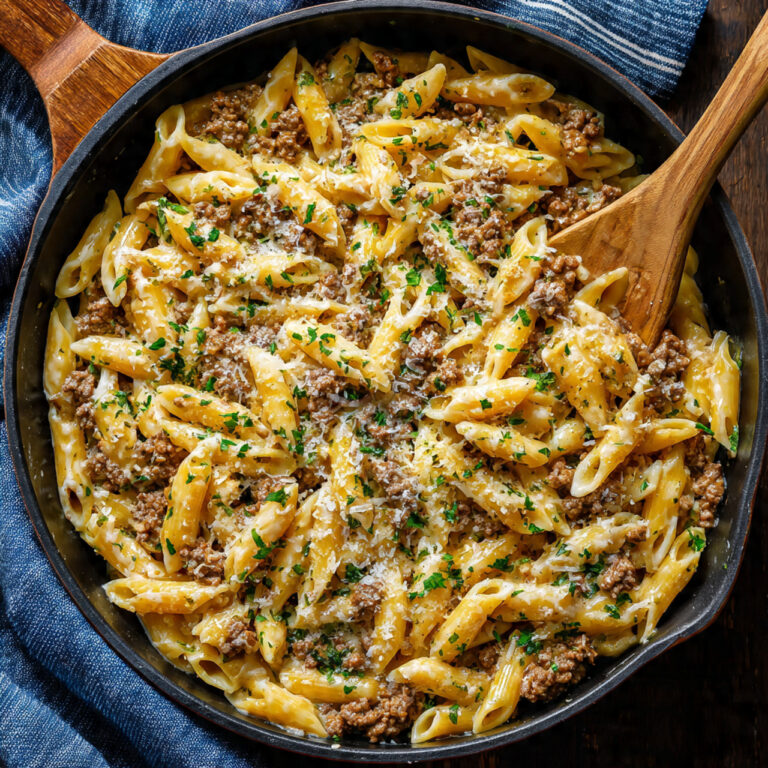 Creamy Ground Beef Pasta - One-Pot Garlic Parmesan Comfort Food Dinner
