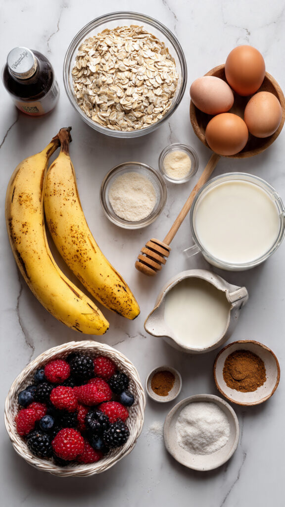 Fluffy Banana Oat Pancakes – Fresh Wholesome Ingredients Flat Lay
