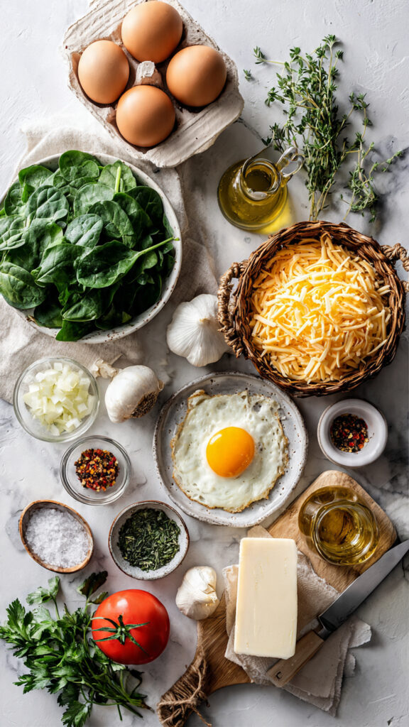Fresh Ingredients for Cheesy Spinach & Egg Breakfast Skillet Recipe