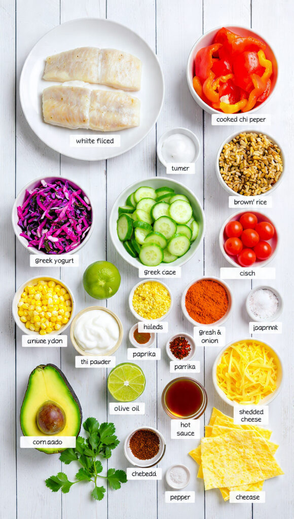 Fish Taco Bowl Recipe - Fresh Ingredients Flat Lay
