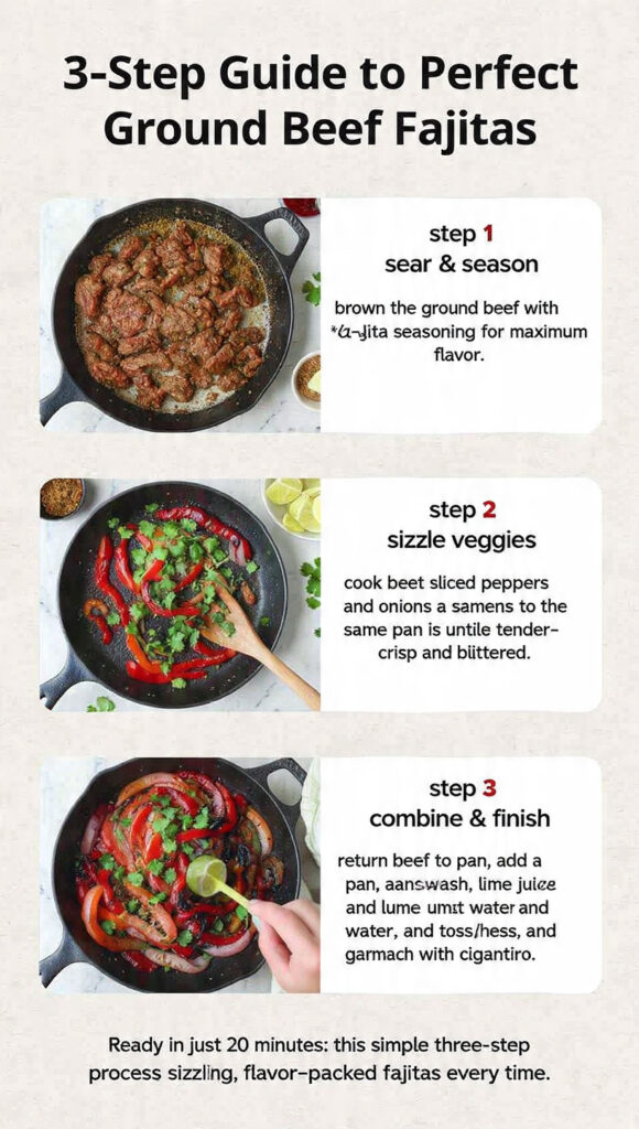 An infographic showing three simple steps to make ground beef fajitas: sear seasoned beef, sizzle peppers and onions, then combine and finish with lime.