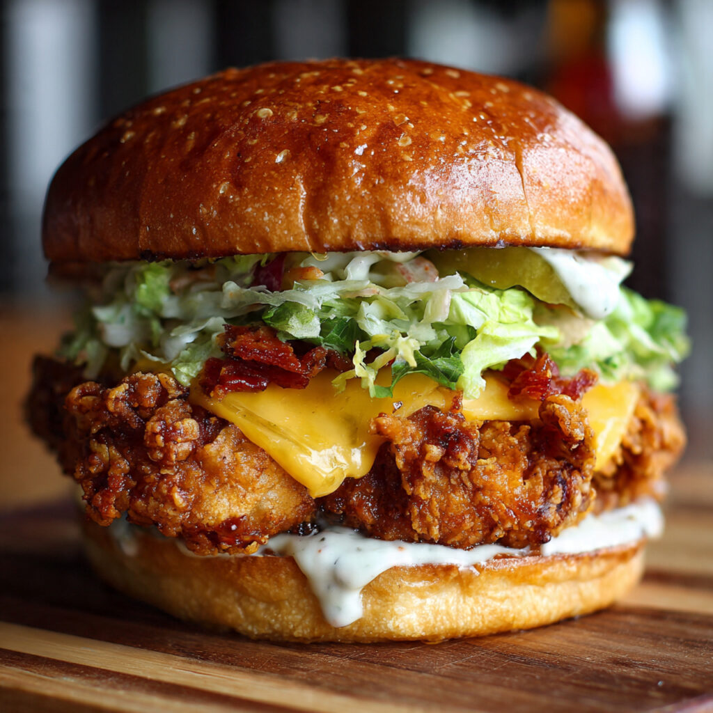 Ultimate Crispy Fried Chicken Sandwich on Wooden Board