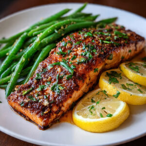 Crispy Garlic Butter Salmon with Lemon & Green Beans