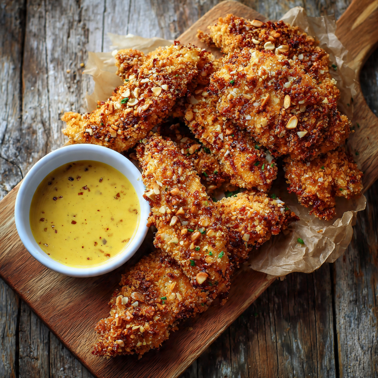 Crunchy Pretzel Chicken with Honey Mustard Dip on Wooden Board