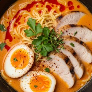 A bowl of creamy chicken ramen with noodles, sliced chicken, sun-dried tomatoes, and spinach in a garlic parmesan sauce.