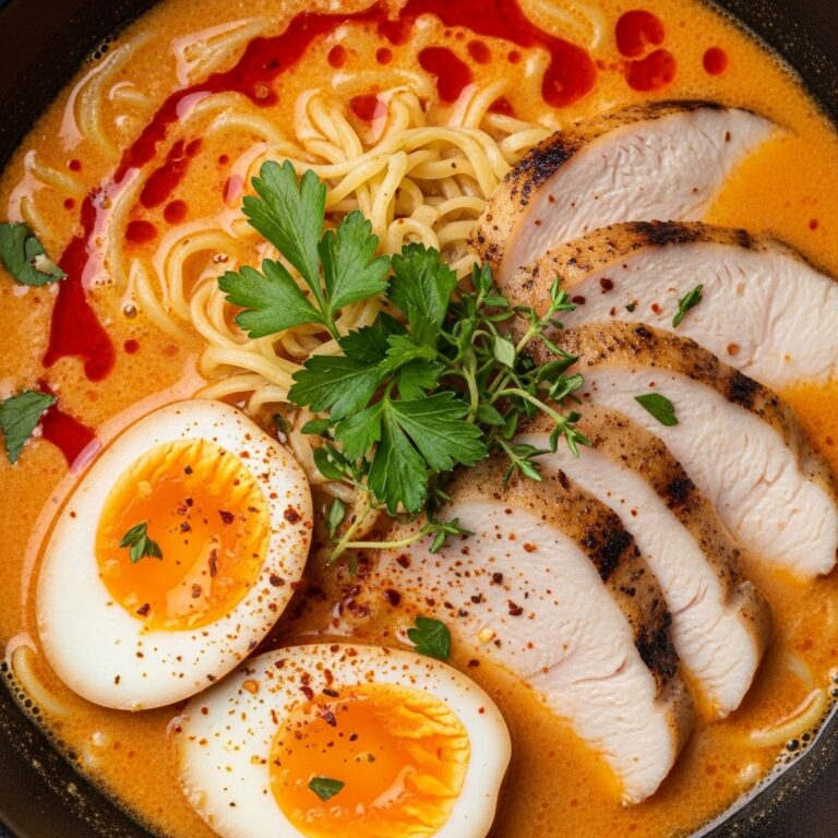 A bowl of creamy chicken ramen with noodles, sliced chicken, sun-dried tomatoes, and spinach in a garlic parmesan sauce.