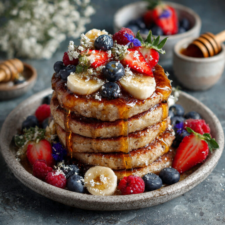 Fluffy Banana Oat Pancakes – Golden Stack with Fresh Honey & Berries