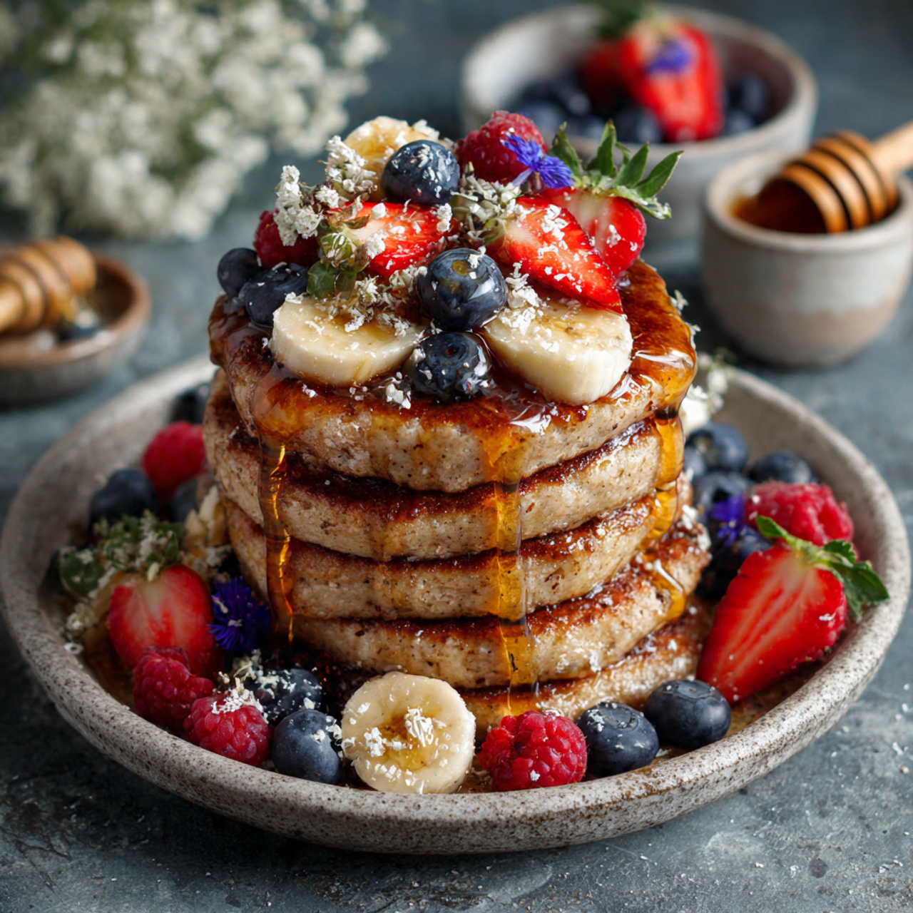 Fluffy Banana Oat Pancakes – Golden Stack with Fresh Honey & Berries