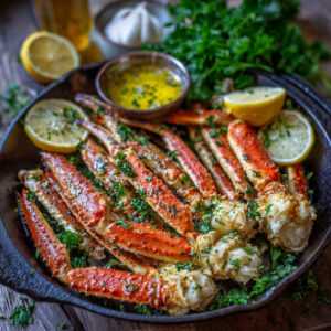 Garlic Butter Crab Legs with Fresh Parsley on Rustic Platter