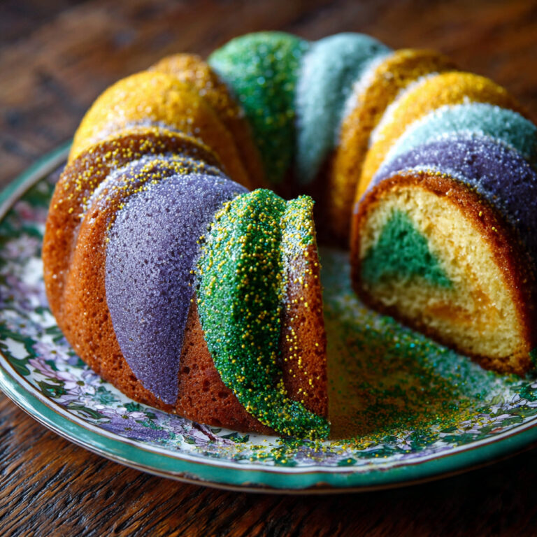 Colorful Mardi Gras King Cake on Festive Platter