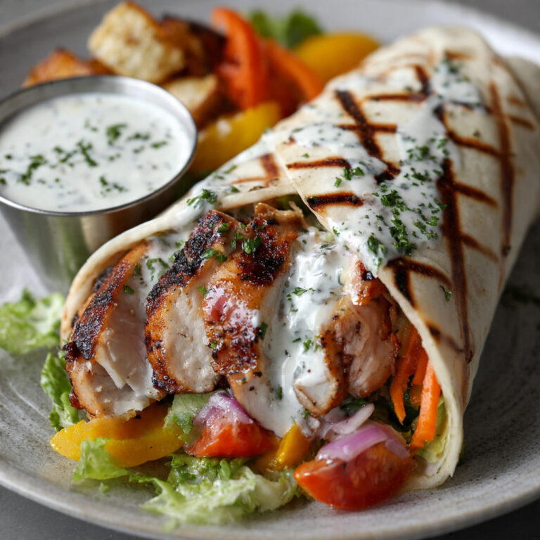 Fresh Grilled Chicken Wrap with Garlic Aioli on Wooden Board