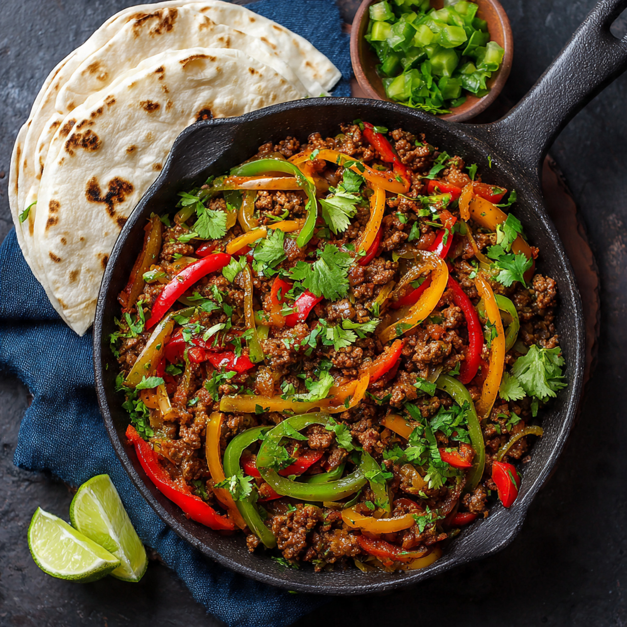 A sizzling cast iron skillet filled with juicy, seasoned ground beef, charred peppers, and onions for easy homemade fajitas, served with warm tortillas and toppings.