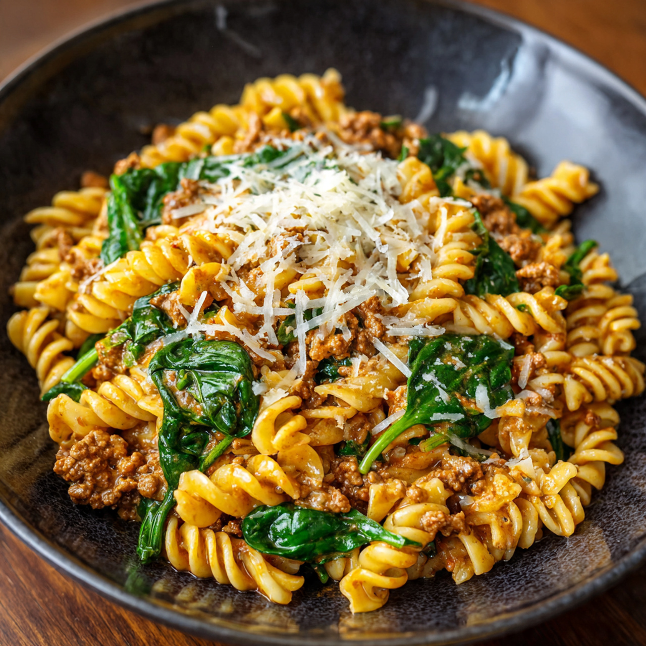 Ground Beef with Creamy Pasta & Spinach