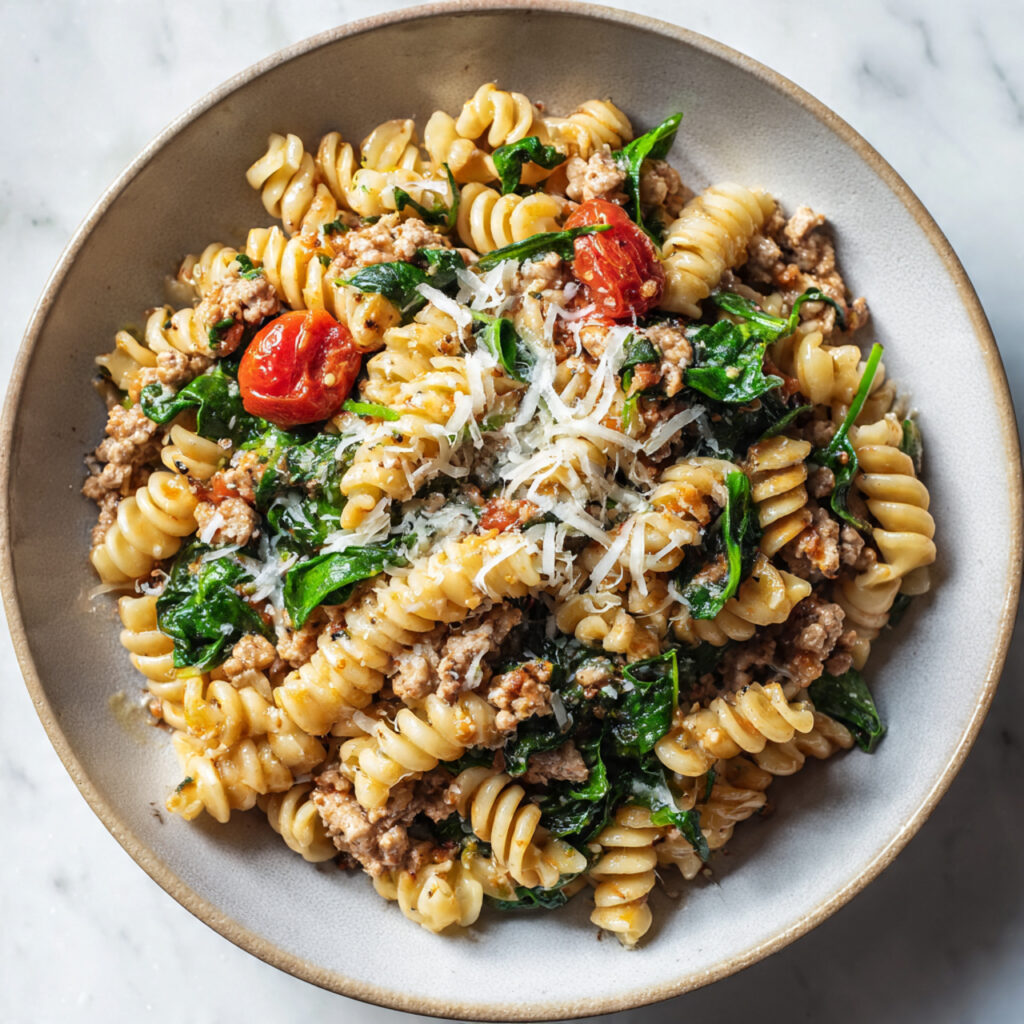 A creamy, cheesy pasta dish with lean ground turkey and fresh spinach, served in a bowl with a fork, garnished with Parmesan and herbs.