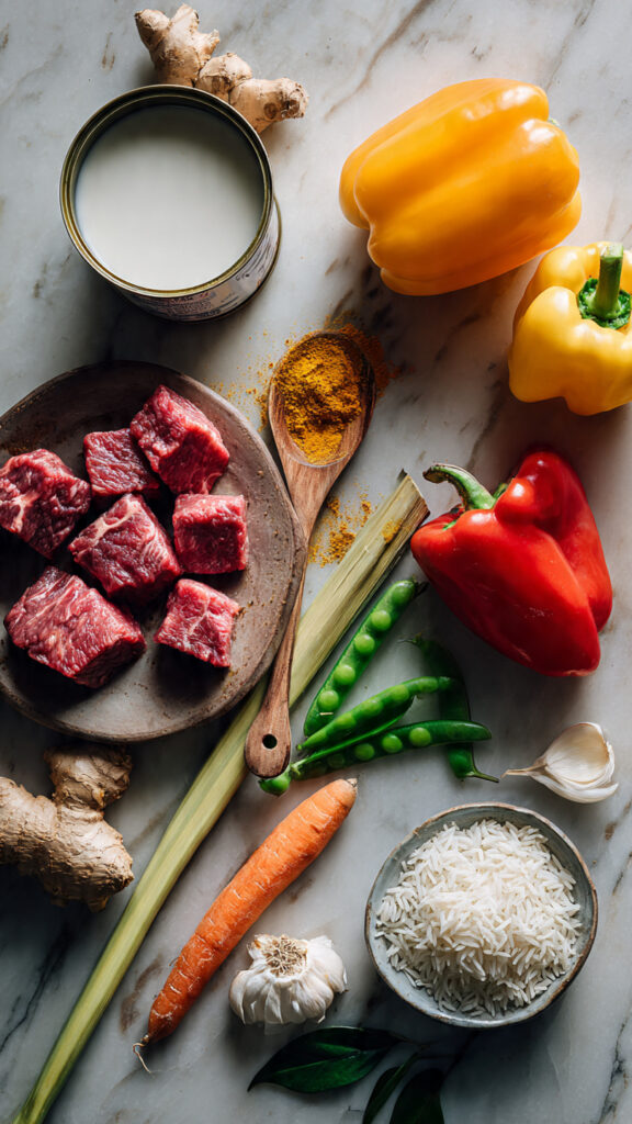 Coconut Beef Curry with Jasmine Rice & Veggies – Fresh Ingredients Flat Lay