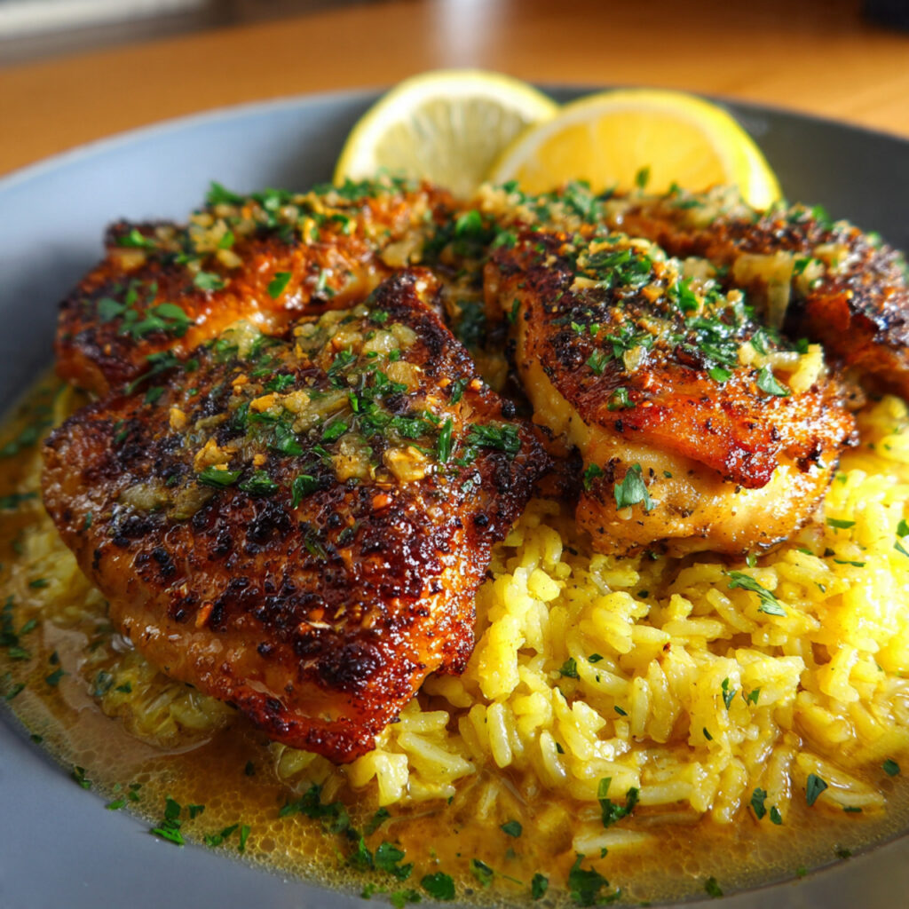Lemon Butter Chicken with Garlic Rice in Cast Iron Skillet