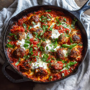 Cheesy One Pan Lasagna Meatball Skillet in Cast Iron