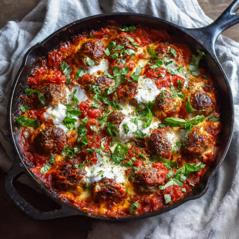 Cheesy One Pan Lasagna Meatball Skillet in Cast Iron