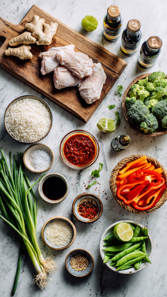 Essential Ingredients for Spicy Korean Chicken with Sesame Rice & Veggies