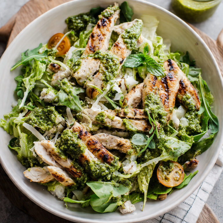 High-Protein Pesto Chicken Salad (No Mayo!) in Rustic Bowl