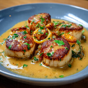 Perfect Seared Scallops with Brown Butter Sauce on White Plate