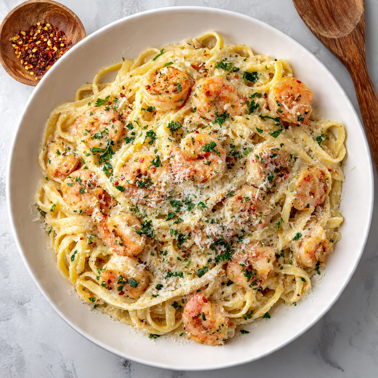Creamy Shrimp Alfredo Pasta with Parmesan in White Bowl
