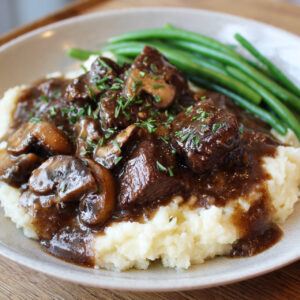 Slow Cooker Beef Tips with Gravy Over Mashed Potatoes