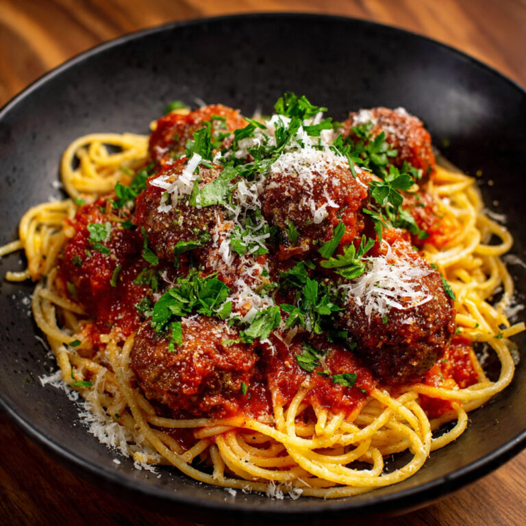 Classic Spaghetti Meatballs with Marinara & Parmesan in White Bowl