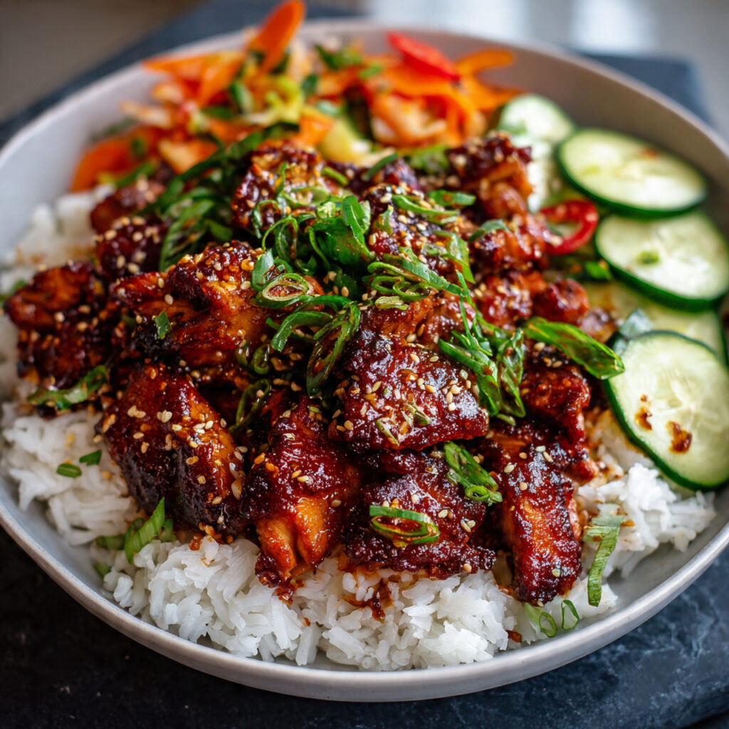 Spicy Korean Chicken with Sesame Rice & Veggies - Authentic Korean Bowl Recipe