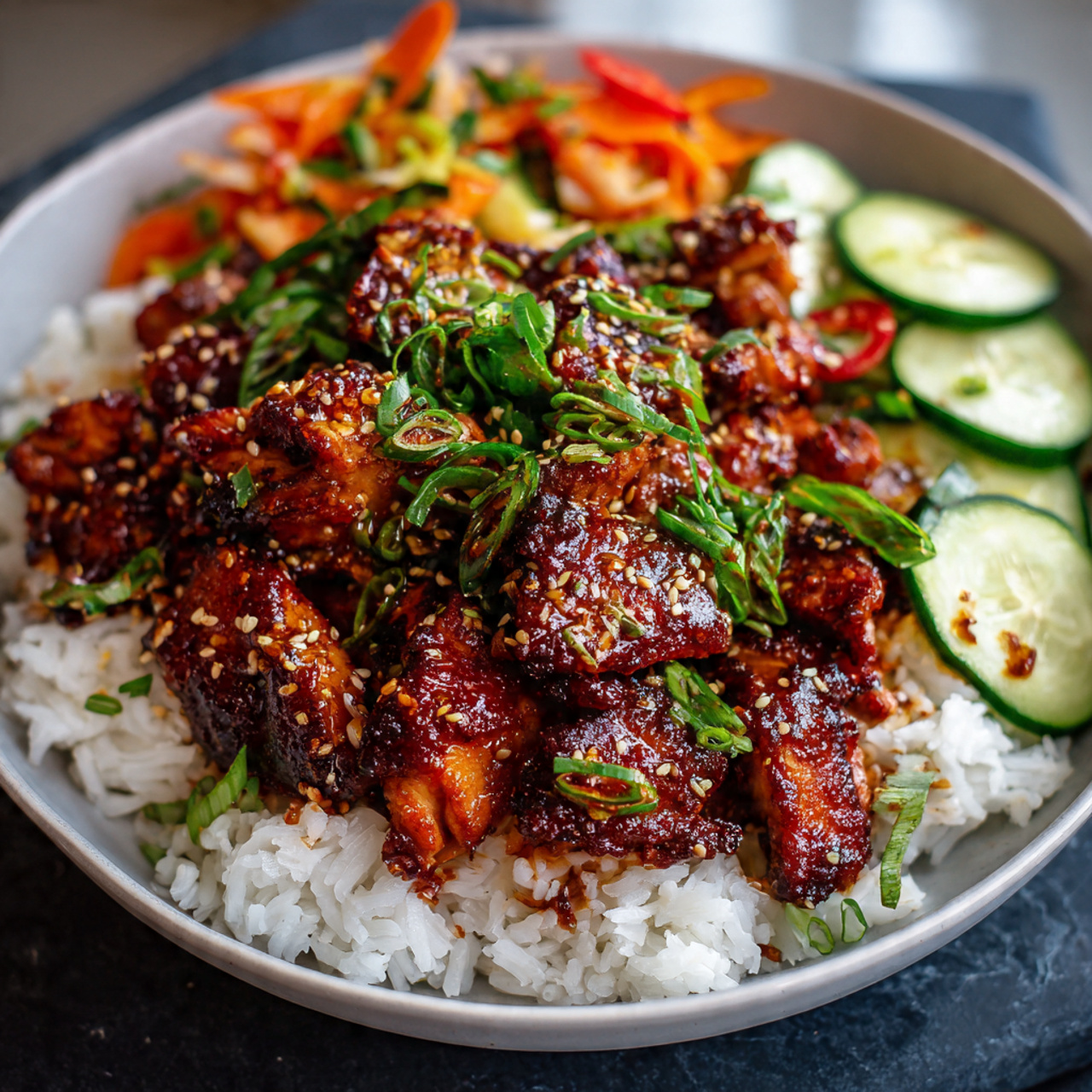 Spicy Korean Chicken with Sesame Rice & Veggies - Authentic Korean Bowl Recipe
