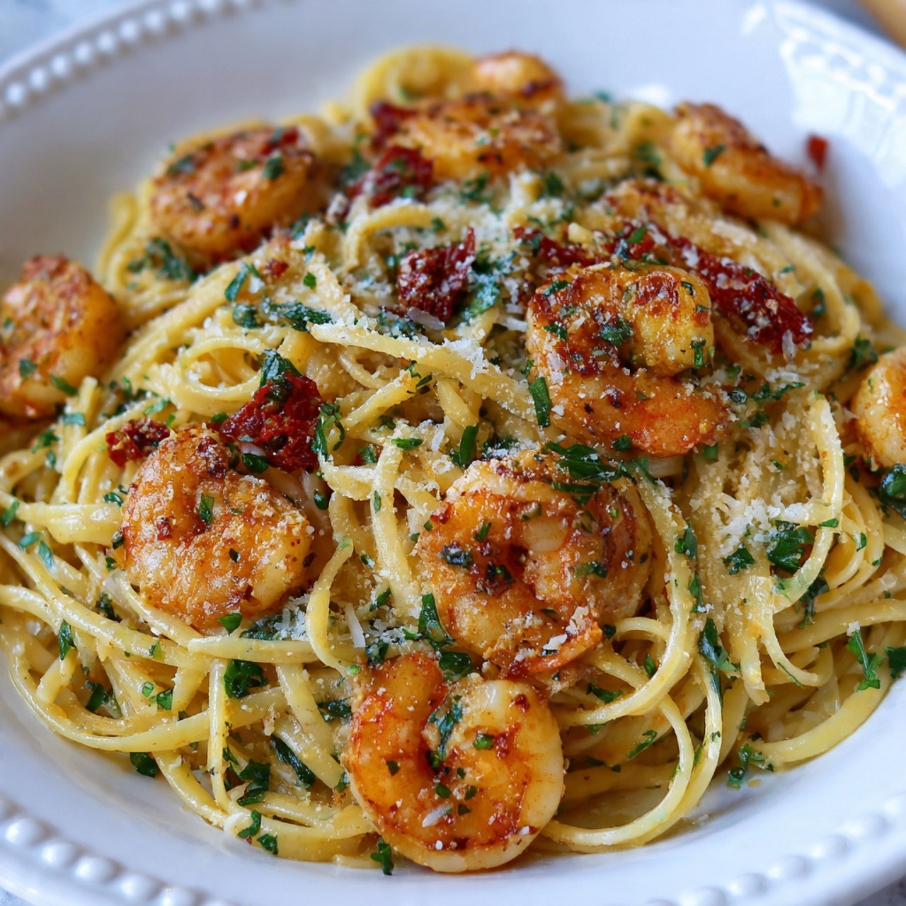 Spicy Shrimp Pasta with Lemon Butter Sauce in White Bowl