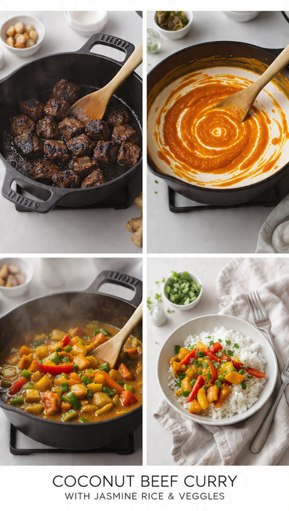 Coconut Beef Curry with Jasmine Rice & Veggies – Step-by-Step Visual Guide