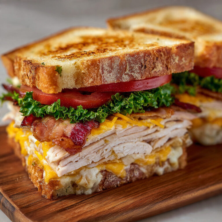 Classic Turkey Club Sandwich with Bacon & Cheddar on Wooden Board