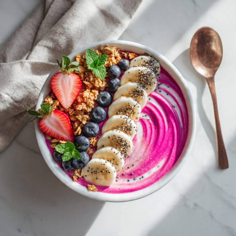 A stunning overhead or angled shot of a beautiful vibrant pink pitaya yogurt bowl in a clean white ceramic or glass bowl. The smooth, creamy pitaya base has a soft-serve consistency and is topped with an artistic arrangement of granola clusters, fresh banana slices, juicy blueberries, sliced strawberries, and a sprinkle of chia seeds and hemp hearts. A drizzle of honey catches the light beautifully. A few whole dragon fruit pieces and fresh mint leaves garnish the side for color. The bowl is placed on a light marble or wooden surface with a linen napkin and a spoon resting nearby. Bright, fresh natural lighting streams from a side window, creating appetizing highlights on the creamy base and glossy berries. The background is clean and minimal, emphasizing the vibrant colors. Style: bright, fresh, healthy, vibrant, hyper-realistic, food photography, shallow depth of field.