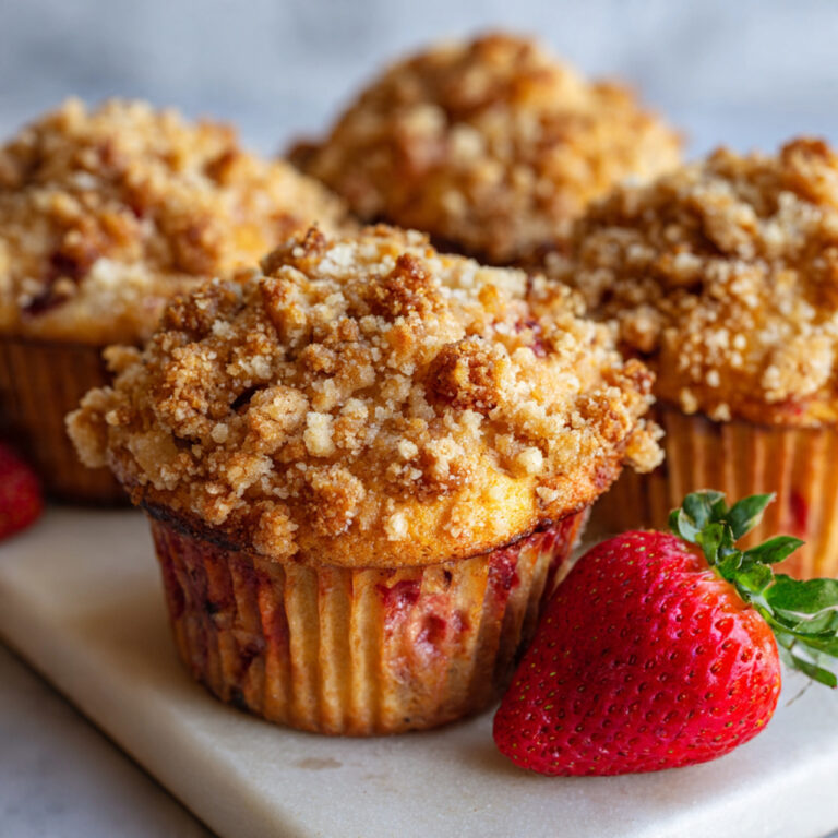 Bakery Style Strawberry Muffins with Golden Crumb Topping