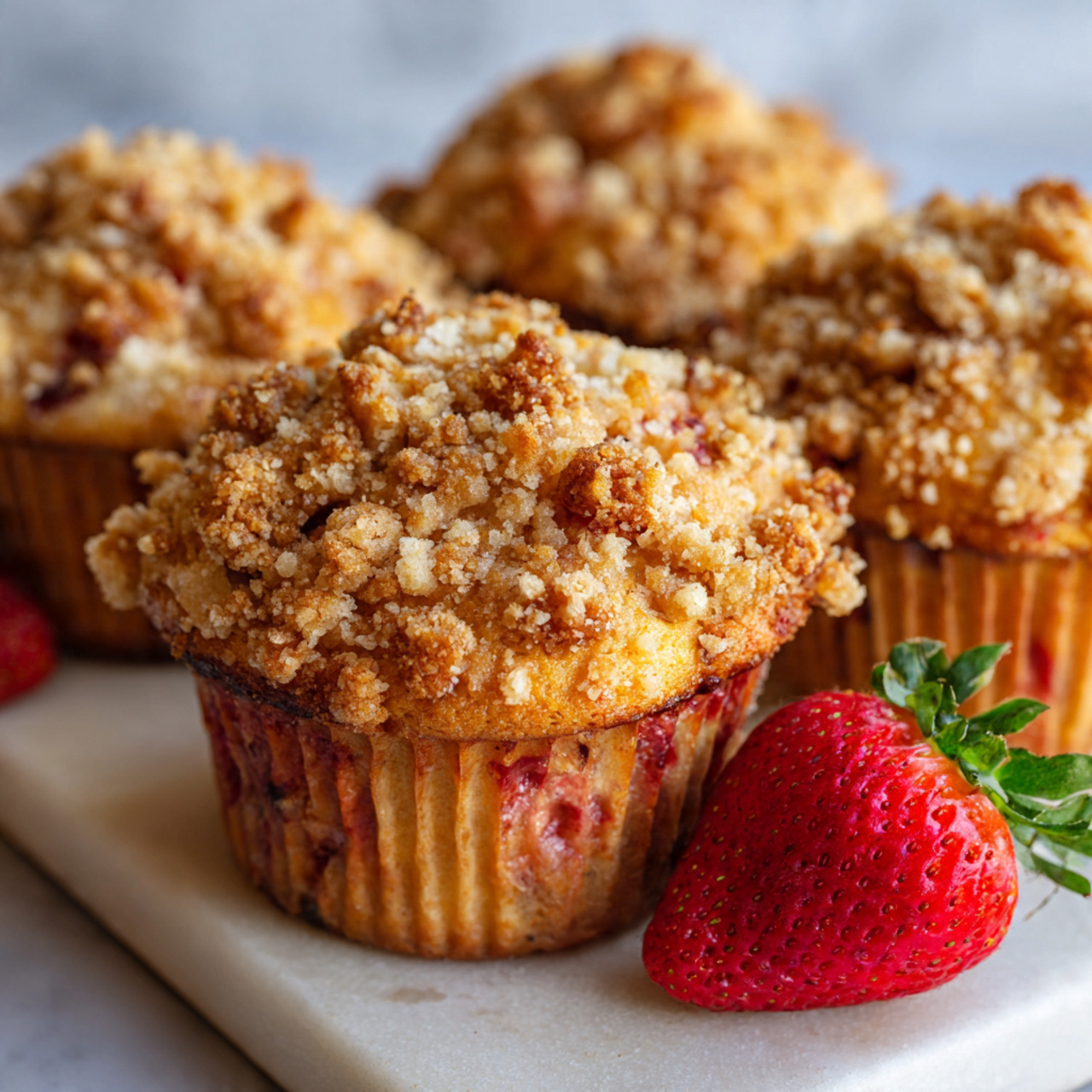 Bakery Style Strawberry Muffins with Golden Crumb Topping