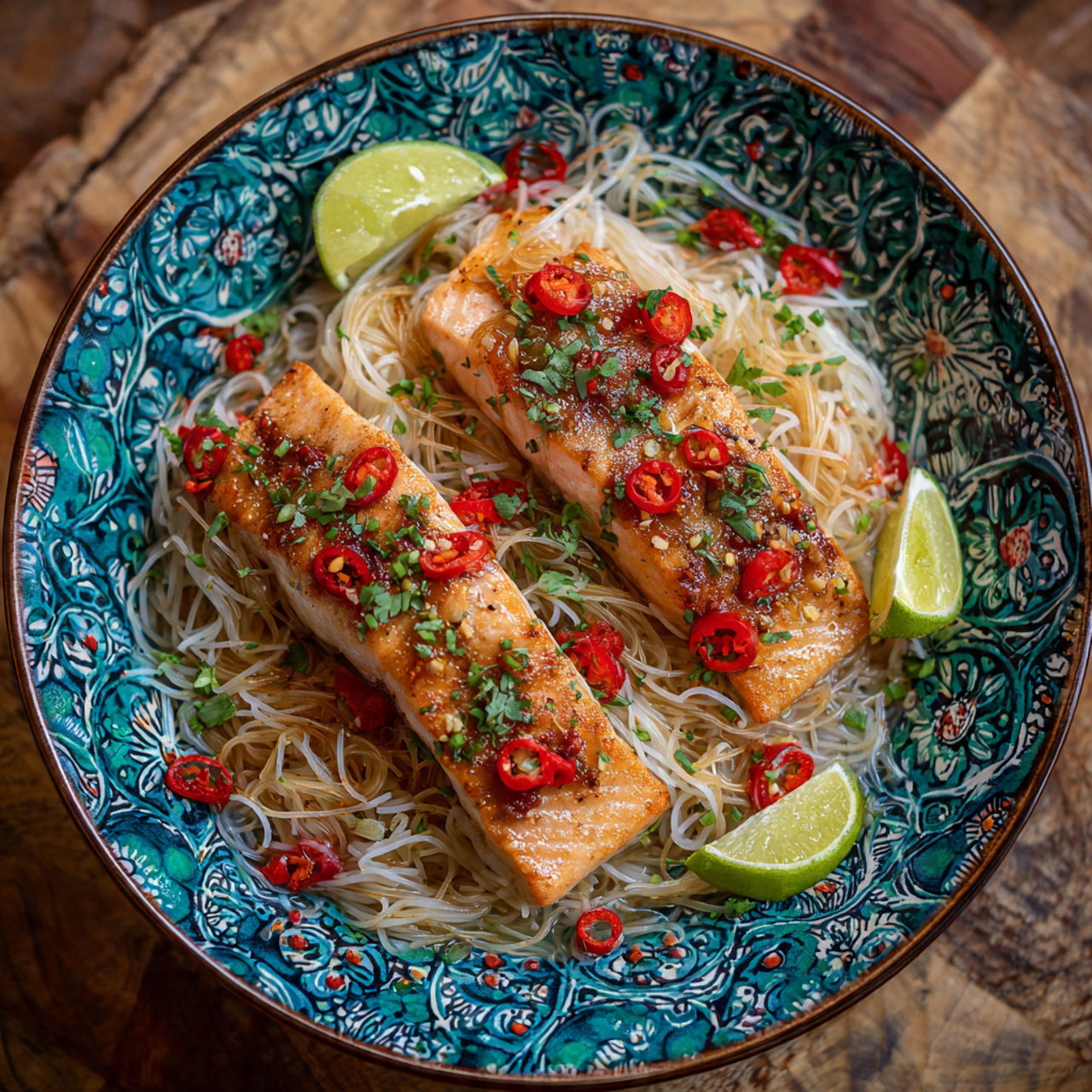 Sweet Chili Salmon with Rice Noodles