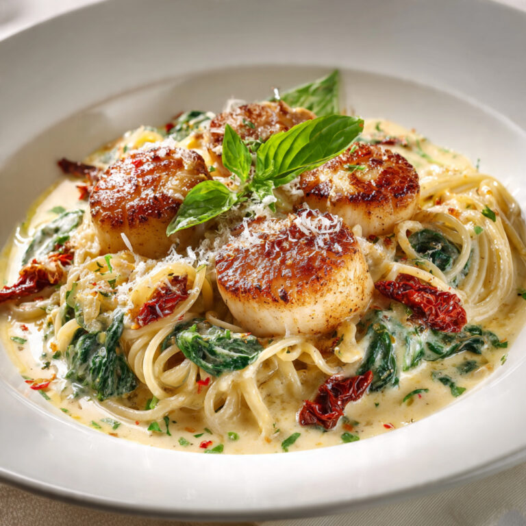Creamy Tuscan Spaghetti with Jumbo Scallops – Rich, Elegant & Delicious