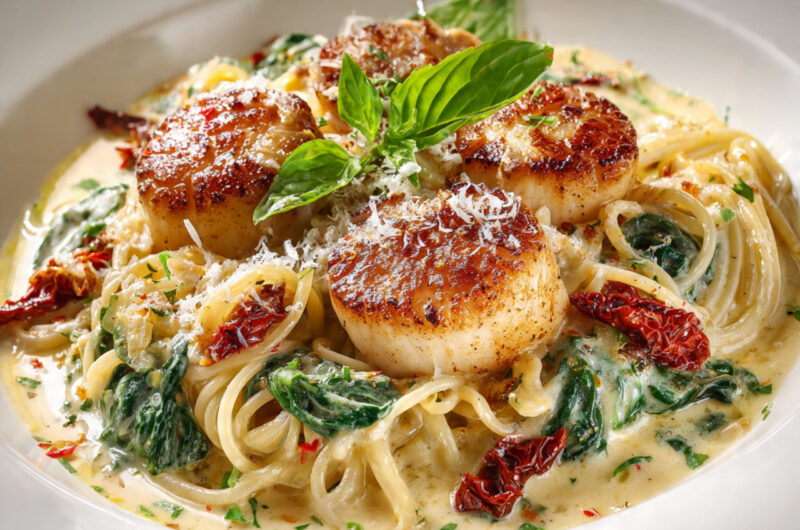 Creamy Tuscan Spaghetti with Jumbo Scallops – Rich, Elegant & Delicious