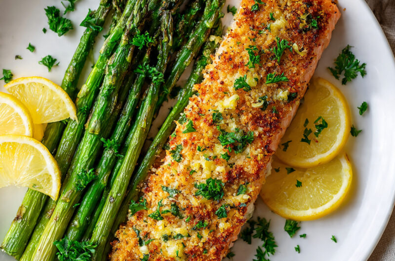 Garlic Parmesan Crusted Salmon and Asparagus – Healthy & Delicious