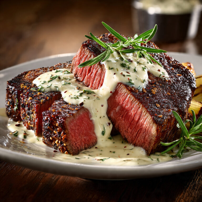 Steak with Bourbon Garlic Cream Sauce – Bold, Juicy & Indulgent
